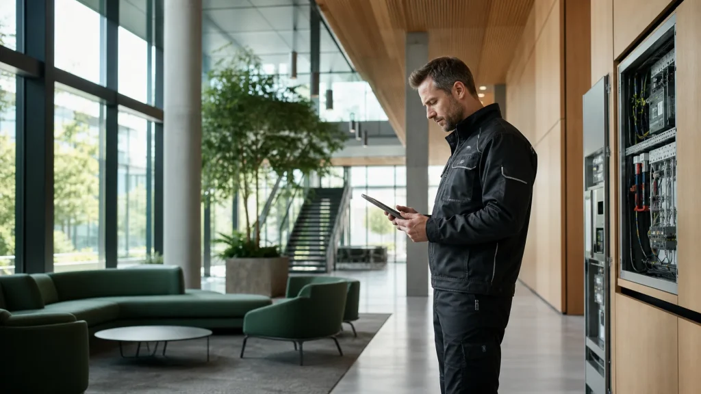 Facility manager egy modern üzleti ingatlan műszaki rendszerét ellenőrzi
